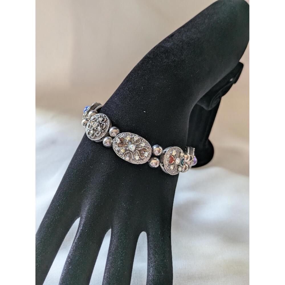 Silver Tone Slide Bracelet with Enamel & Rhinestones, Vintage Style
